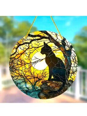 Suncatcher Black Cat Moon Tree Hanging Window Decor Art Colorful In/Outdoor NEW